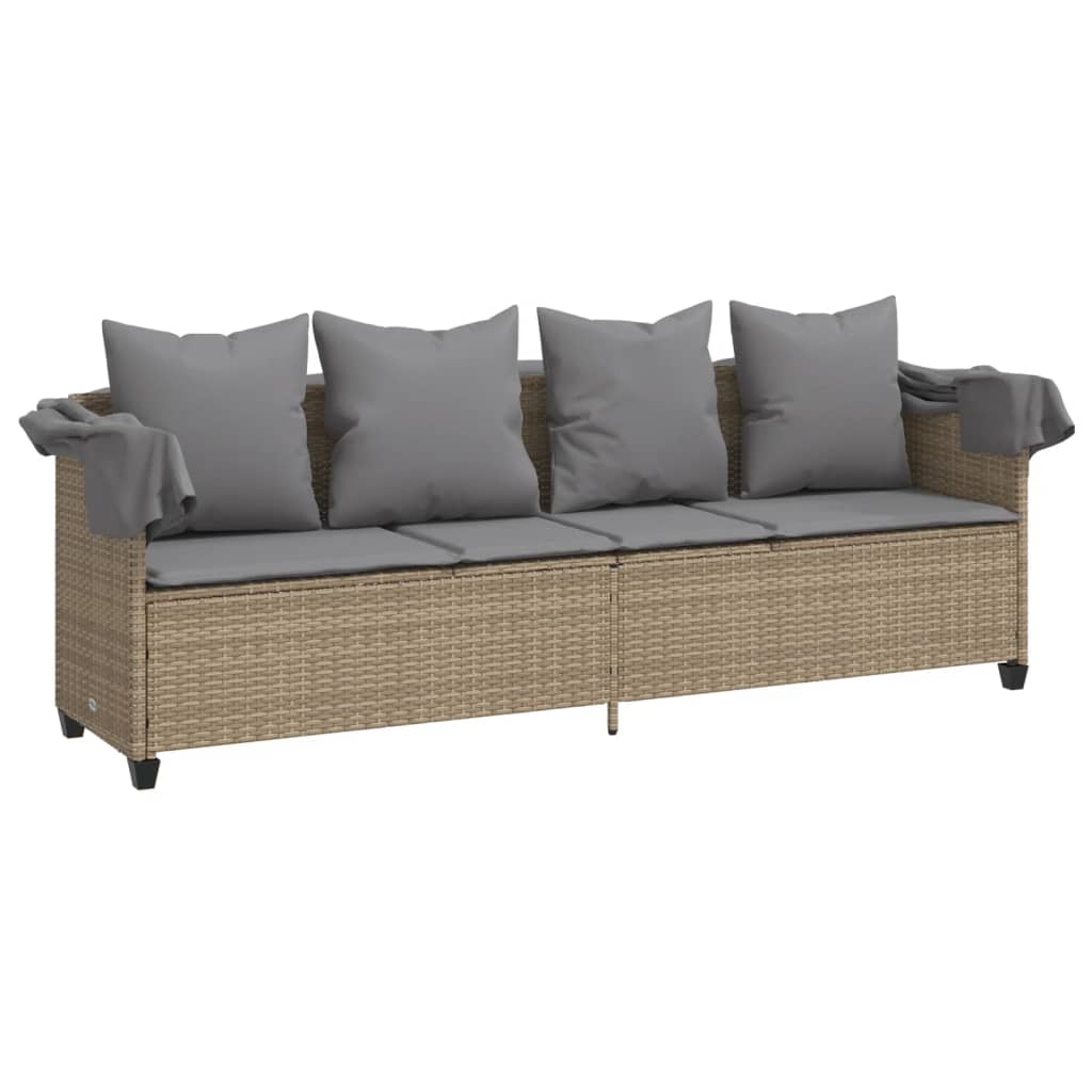 Sun lounger with canopy and cushions in beige PE wicker