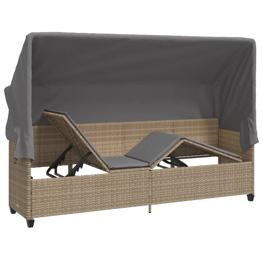 Sun lounger with canopy and cushions in beige PE wicker