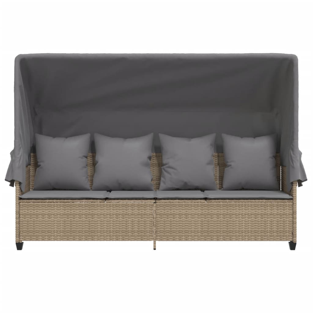 Sun lounger with canopy and cushions in beige PE wicker