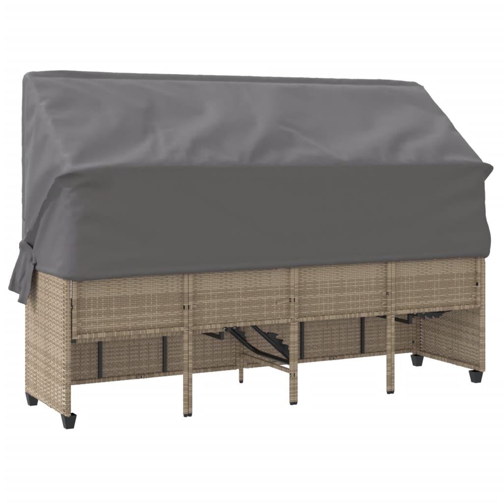 Sun lounger with canopy and cushions in beige PE wicker