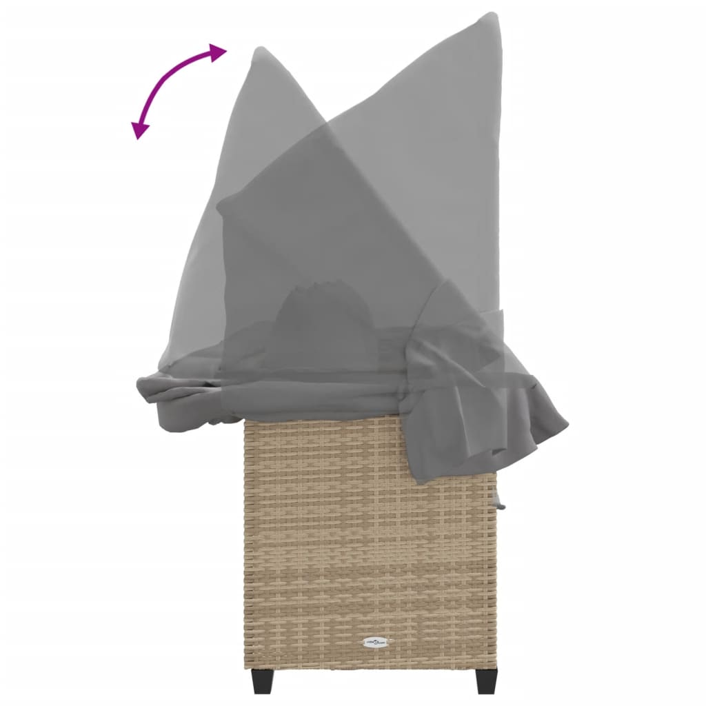 Sun lounger with canopy and cushions in beige PE wicker