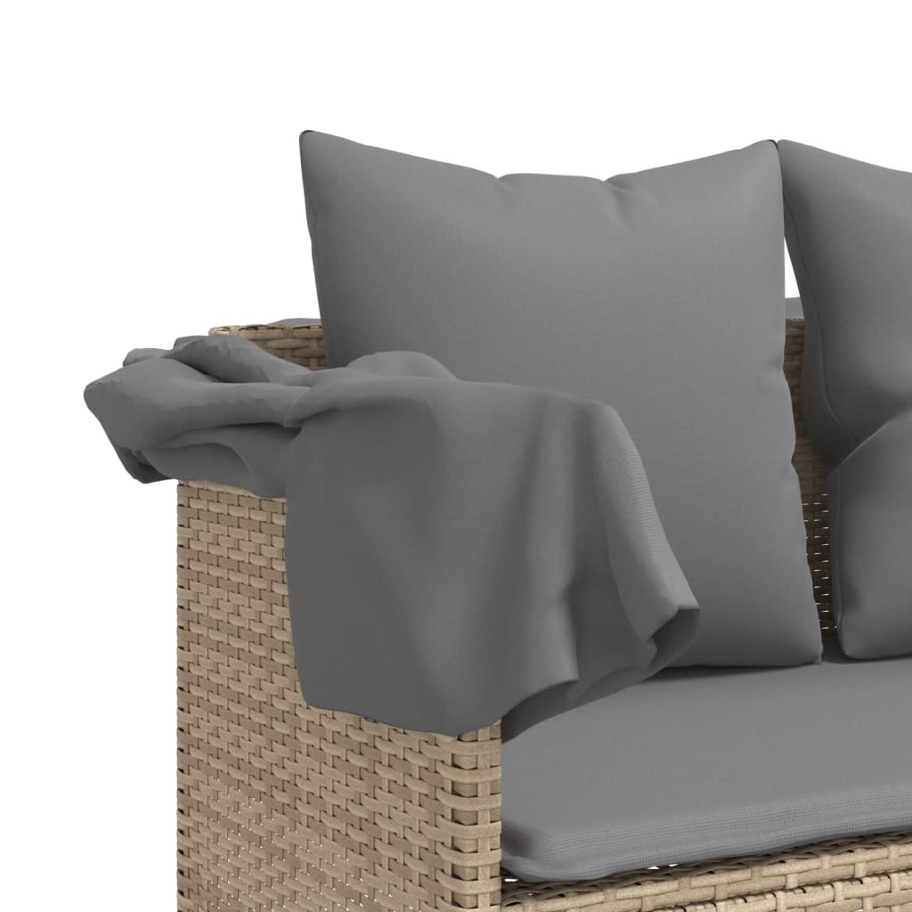 Sun lounger with canopy and cushions in beige PE wicker