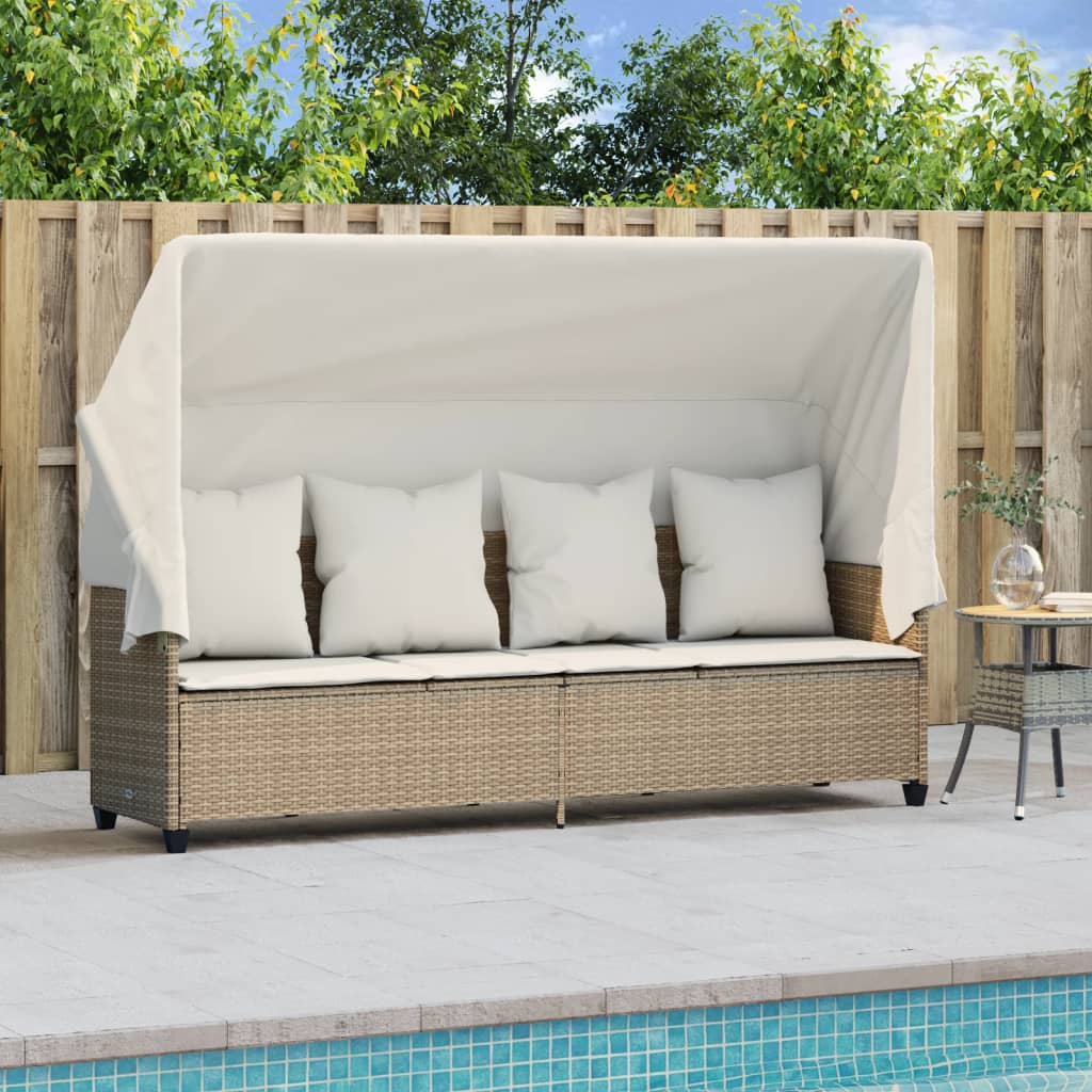 Sun lounger with canopy and cushions in beige PE wicker