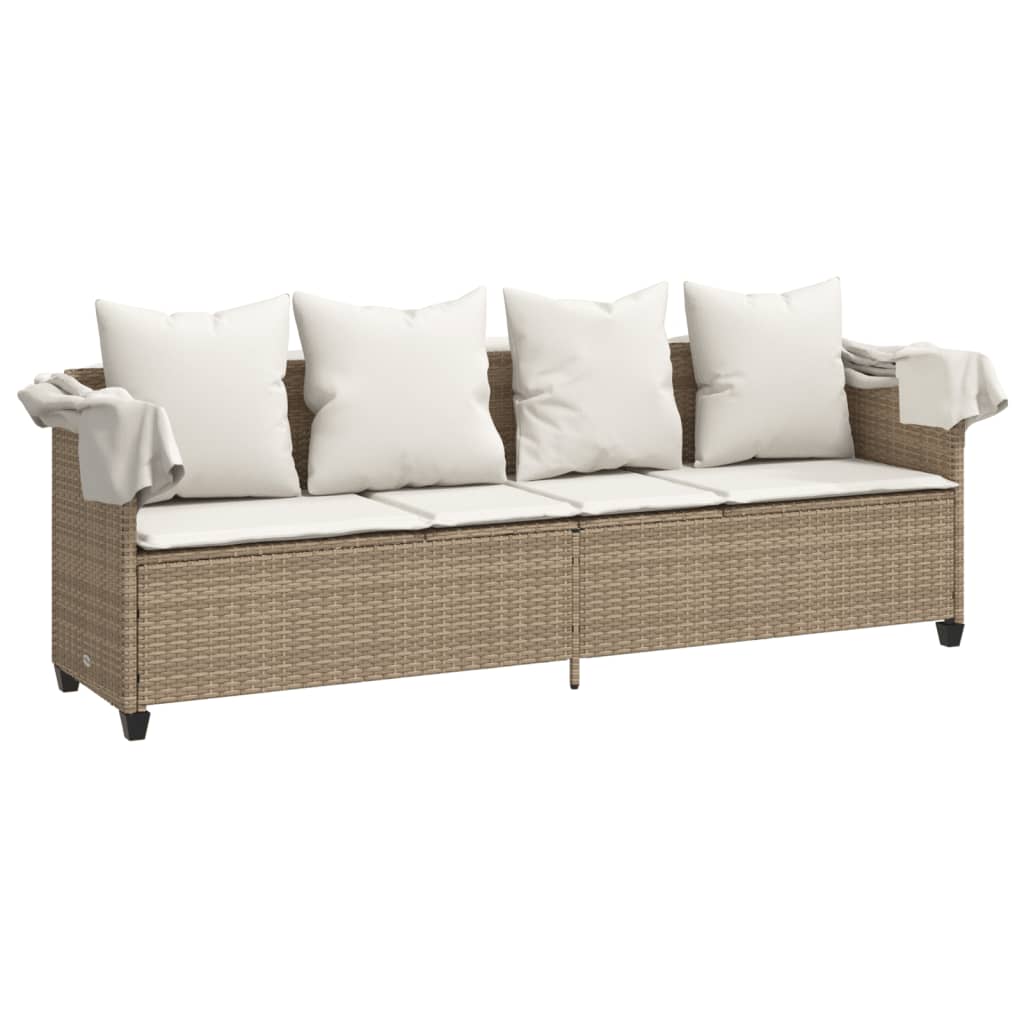 Sun lounger with canopy and cushions in beige PE wicker