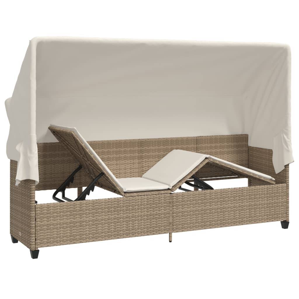 Sun lounger with canopy and cushions in beige PE wicker
