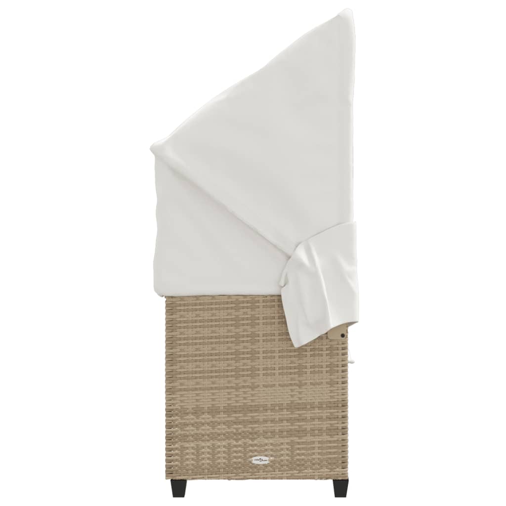 Sun lounger with canopy and cushions in beige PE wicker