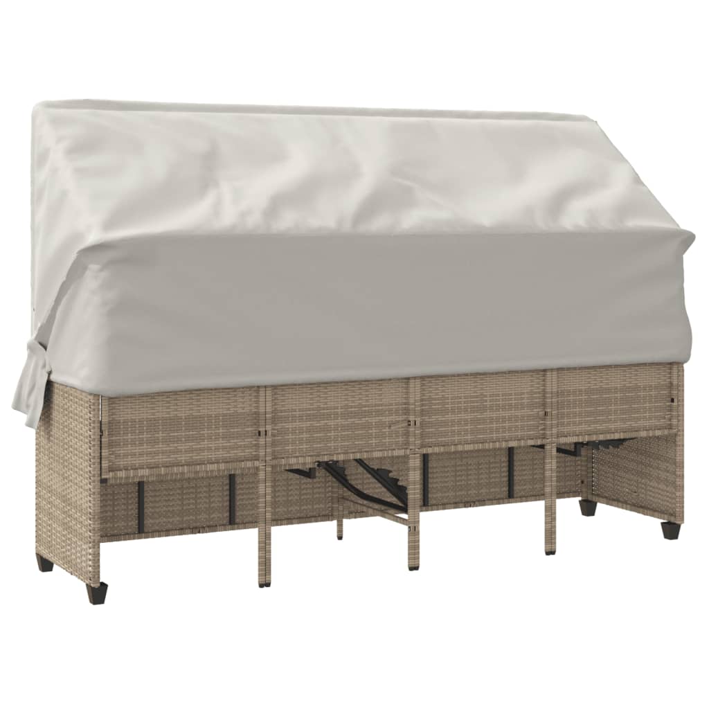Sun lounger with canopy and cushions in beige PE wicker