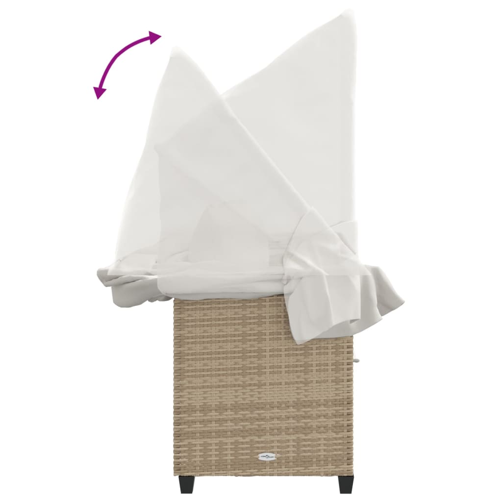 Sun lounger with canopy and cushions in beige PE wicker
