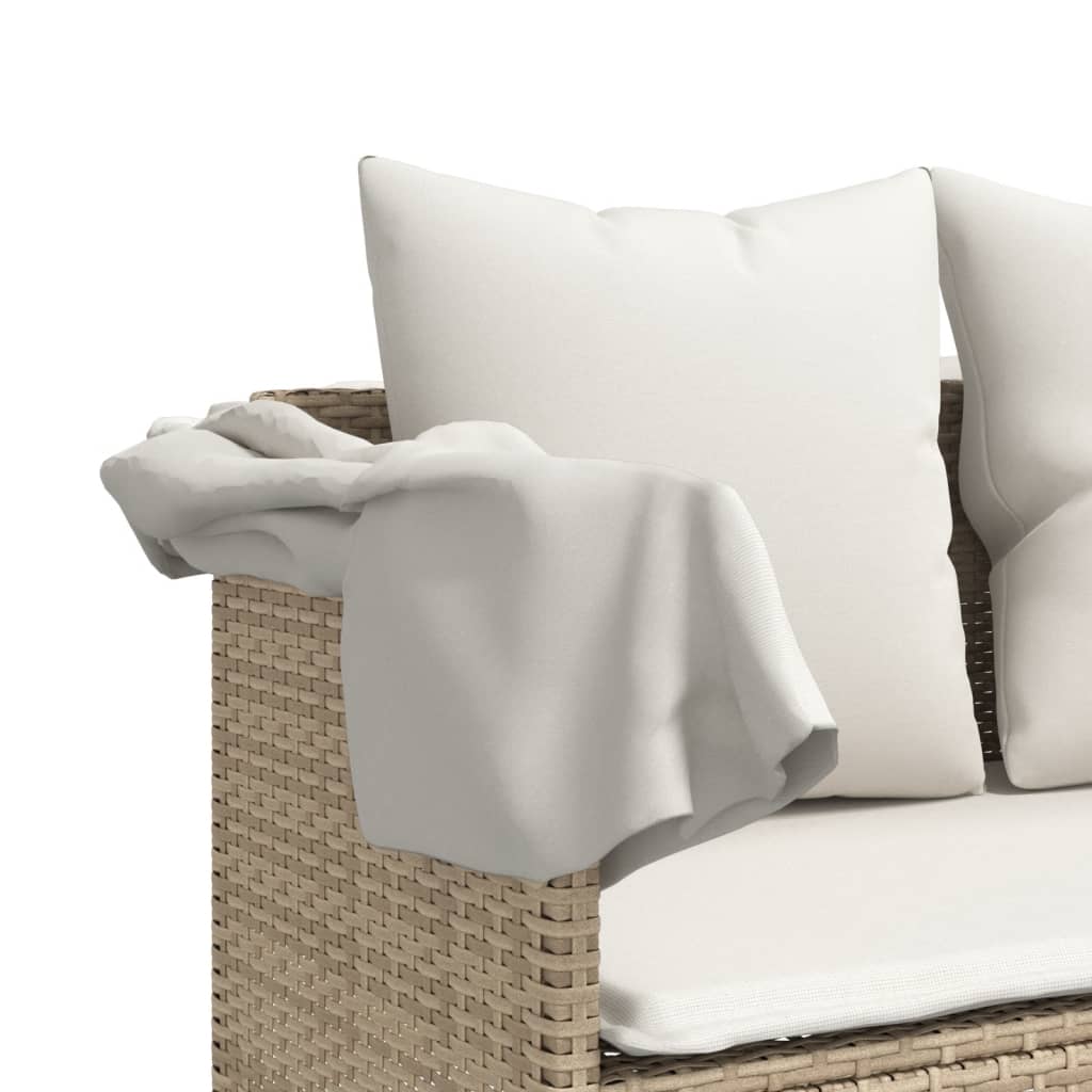 Sun lounger with canopy and cushions in beige PE wicker