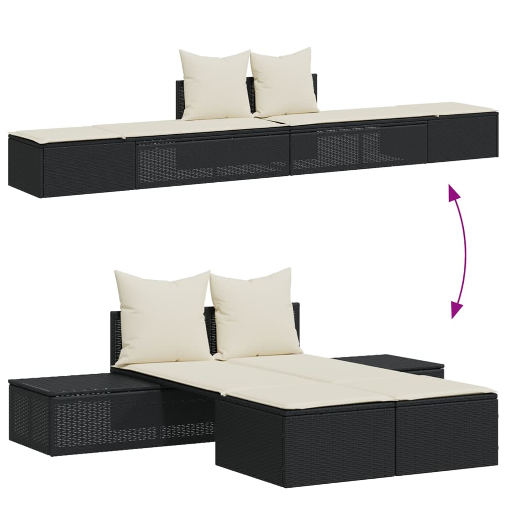 Double sun lounger with cushions in black poly rattan