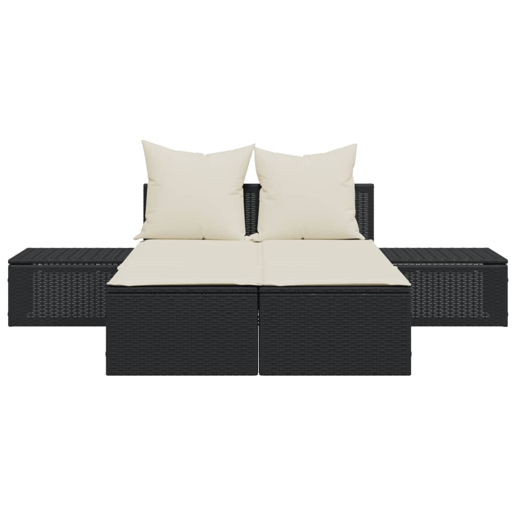 Double sun lounger with cushions in black poly rattan