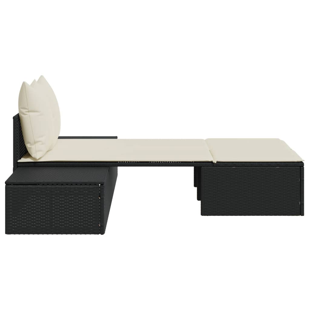Double sun lounger with cushions in black poly rattan