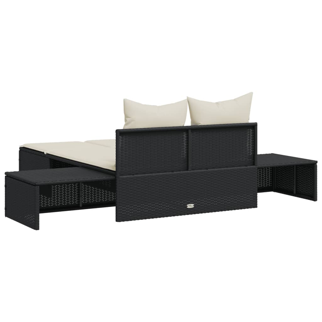 Double sun lounger with cushions in black poly rattan