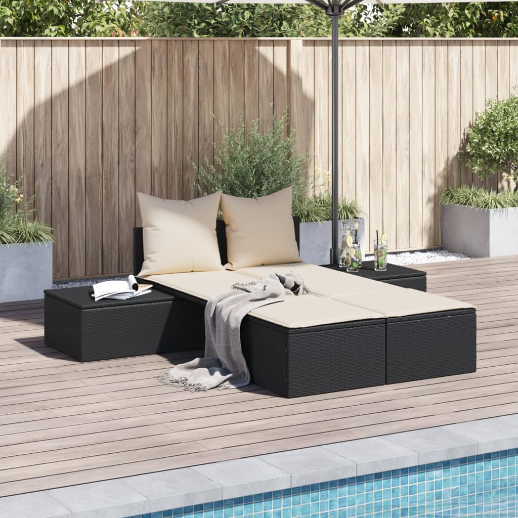Double sun lounger with cushions in black poly rattan