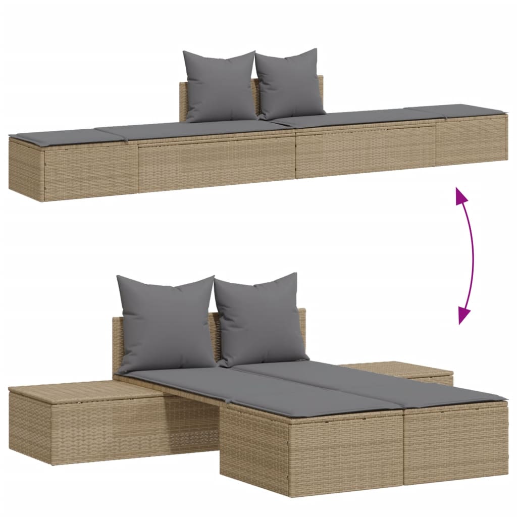 Double sun lounger with cushions in beige PE wicker