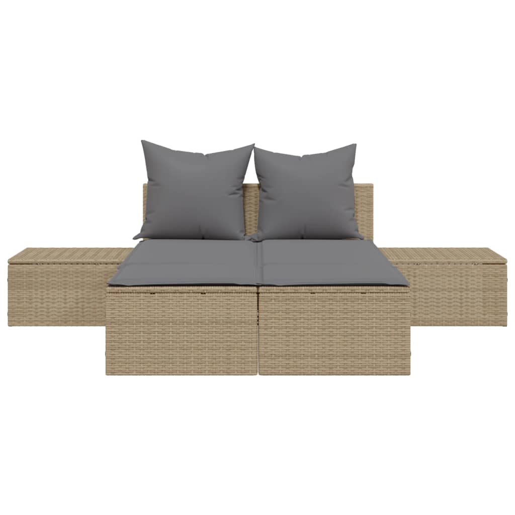 Double sun lounger with cushions in beige PE wicker