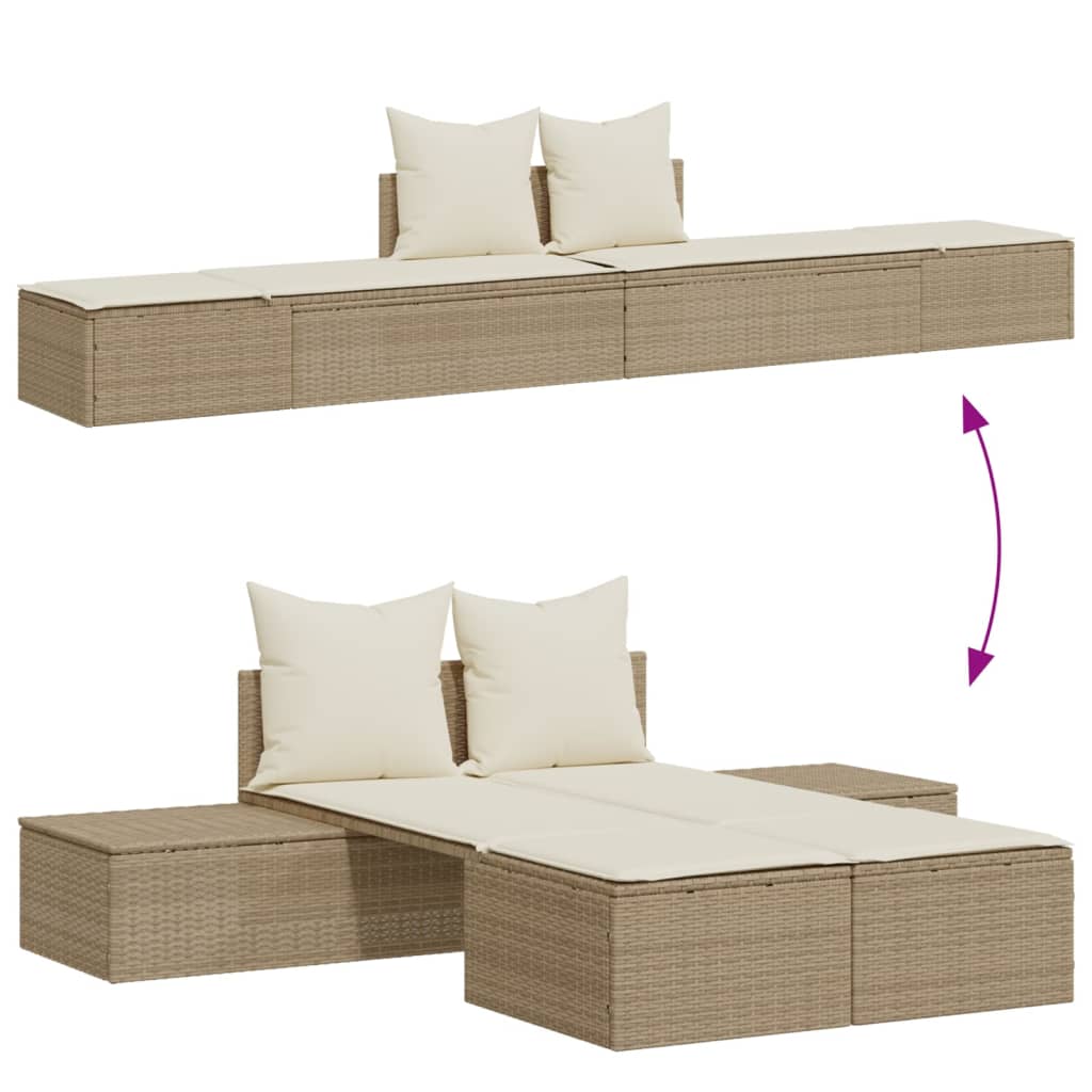 Double sun lounger with cushions in beige PE wicker
