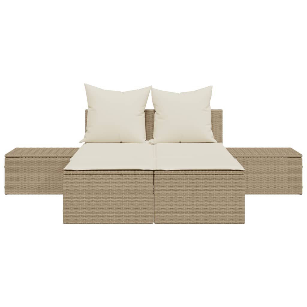 Double sun lounger with cushions in beige PE wicker