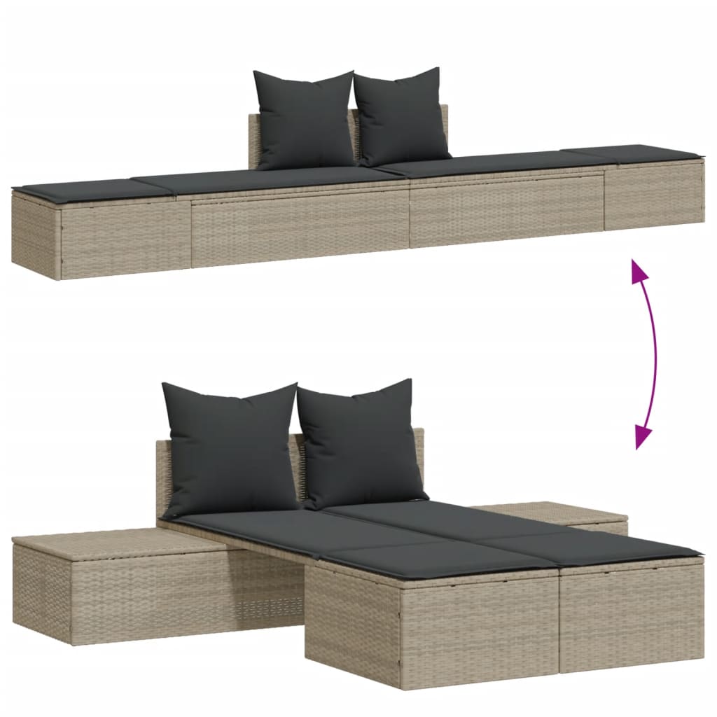 Double sun lounger with cushions in light grey poly rattan