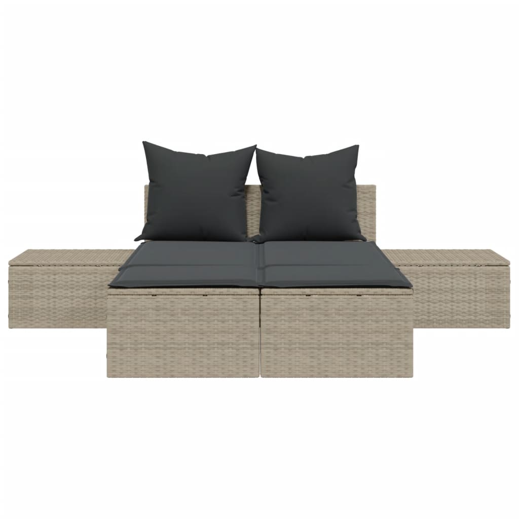 Double sun lounger with cushions in light grey poly rattan