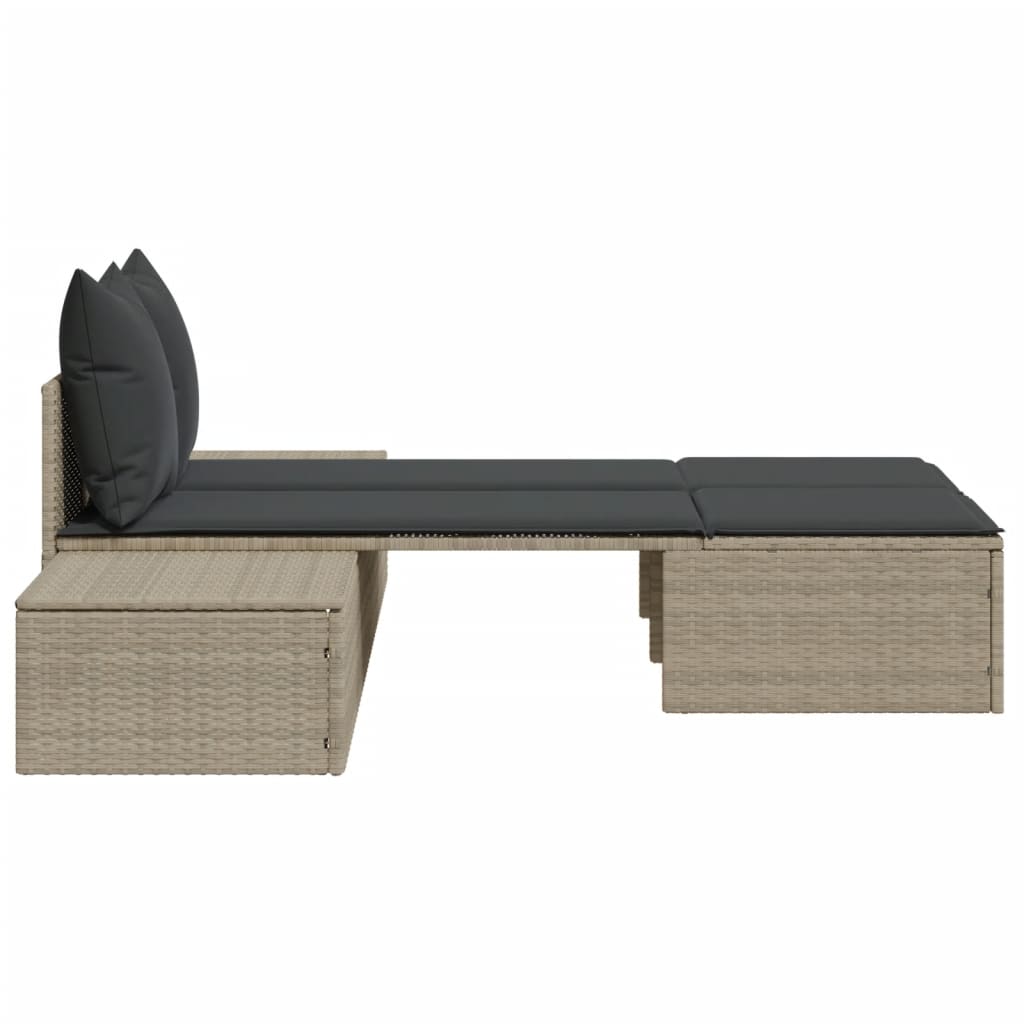 Double sun lounger with cushions in light grey poly rattan