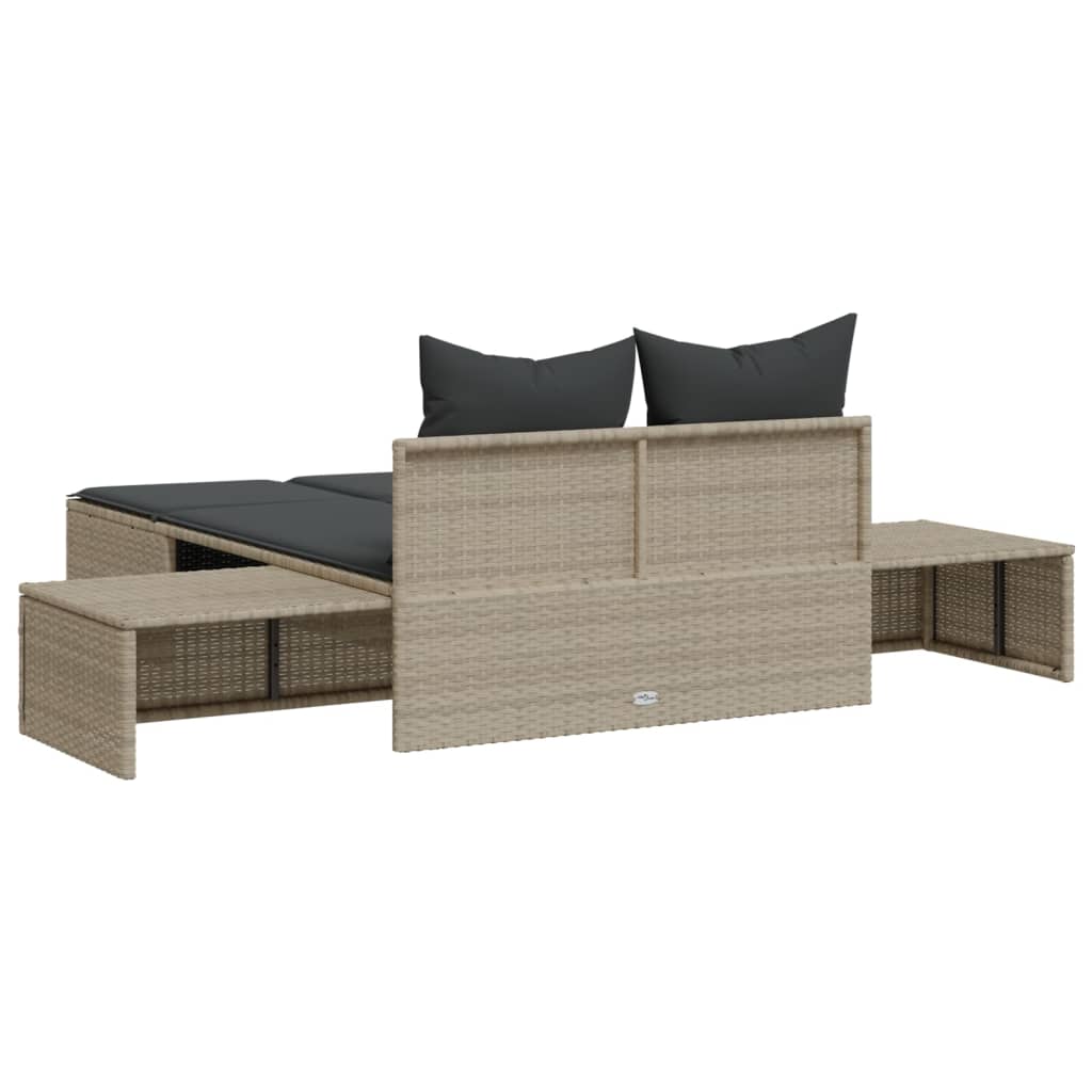 Double sun lounger with cushions in light grey poly rattan