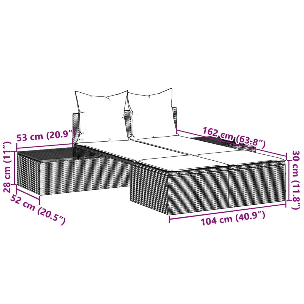 Double sun lounger with cushions in light grey poly rattan