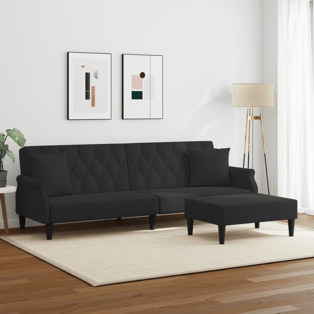 Sofá-cama 2 lugares c/ almofadas e apoio de pés veludo preto