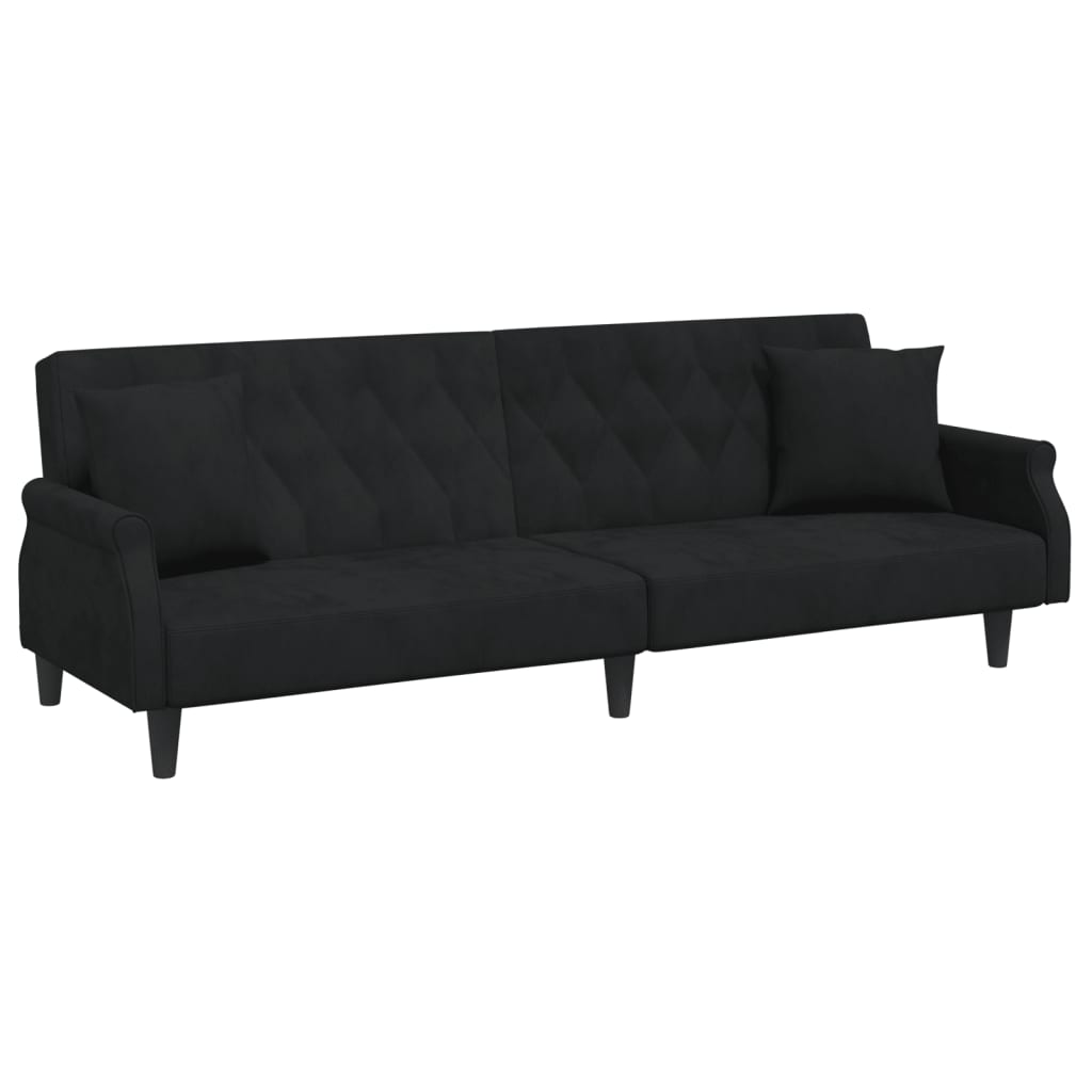 Sofá-cama 2 lugares c/ almofadas e apoio de pés veludo preto