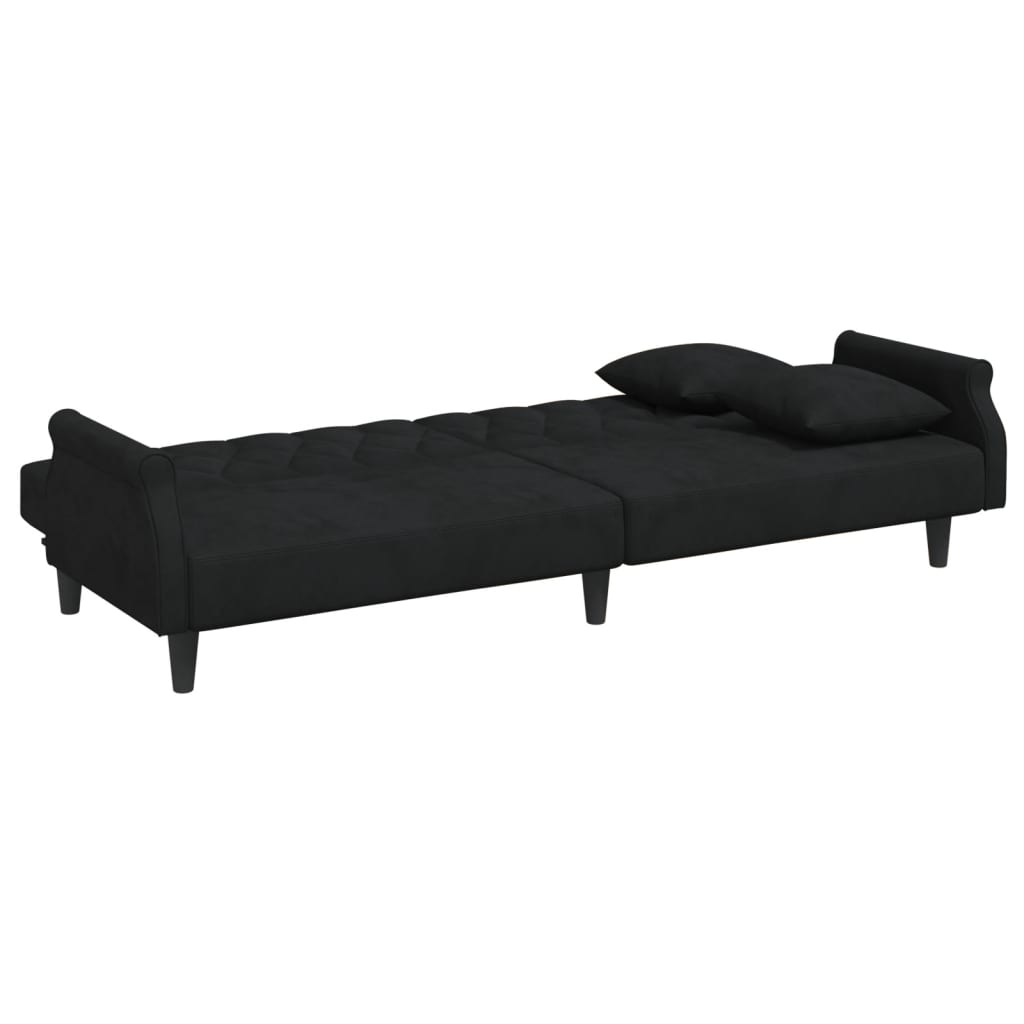 Sofá-cama 2 lugares c/ almofadas e apoio de pés veludo preto