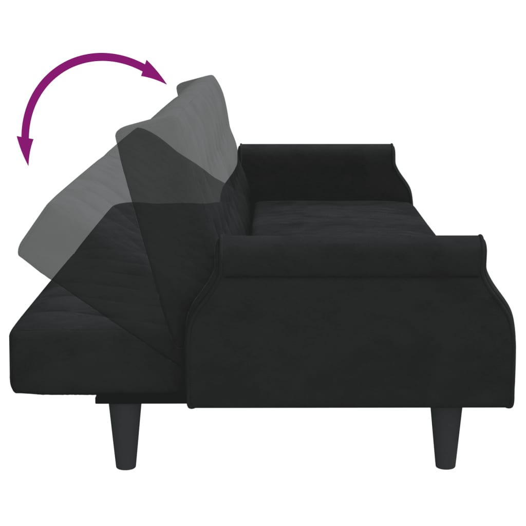 Sofá-cama 2 lugares c/ almofadas e apoio de pés veludo preto