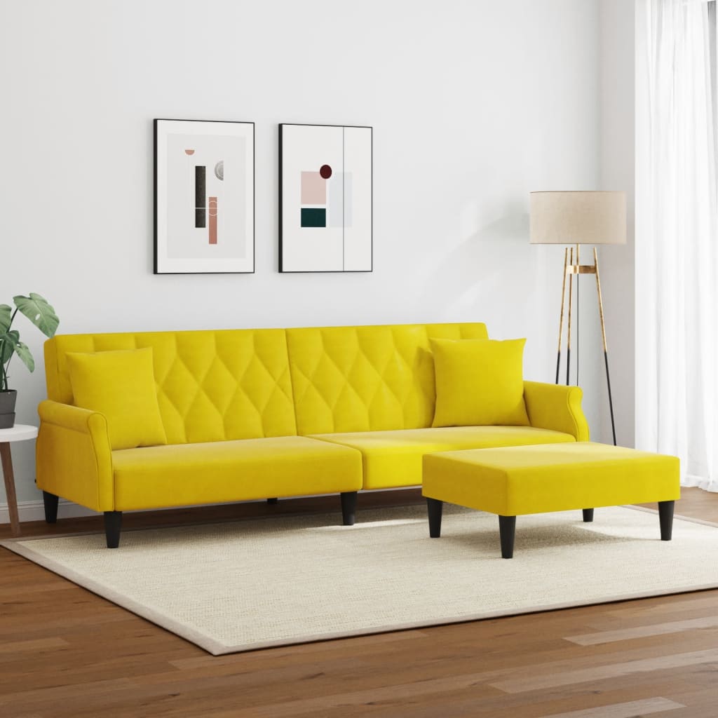Sofá-cama 2 lugares c/ almofadas e apoio de pés veludo amarelo