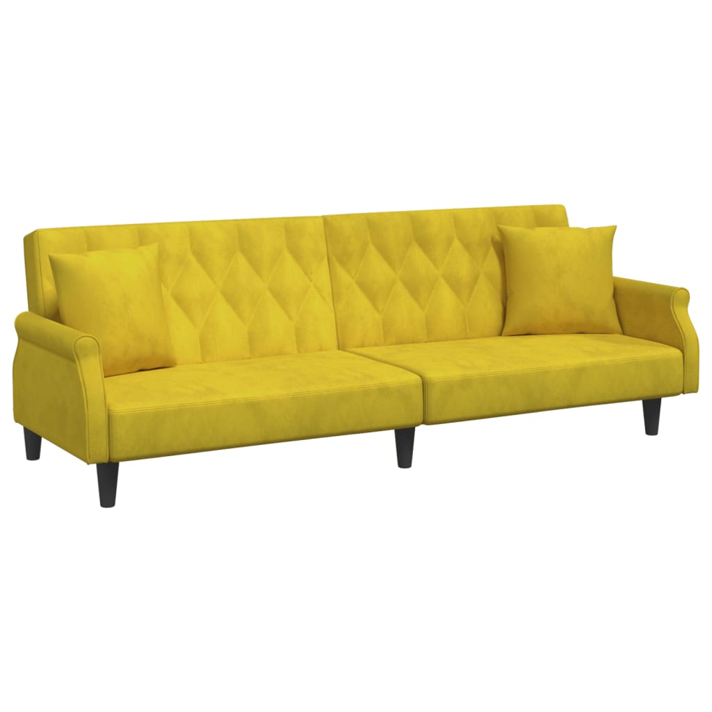Sofá-cama 2 lugares c/ almofadas e apoio de pés veludo amarelo
