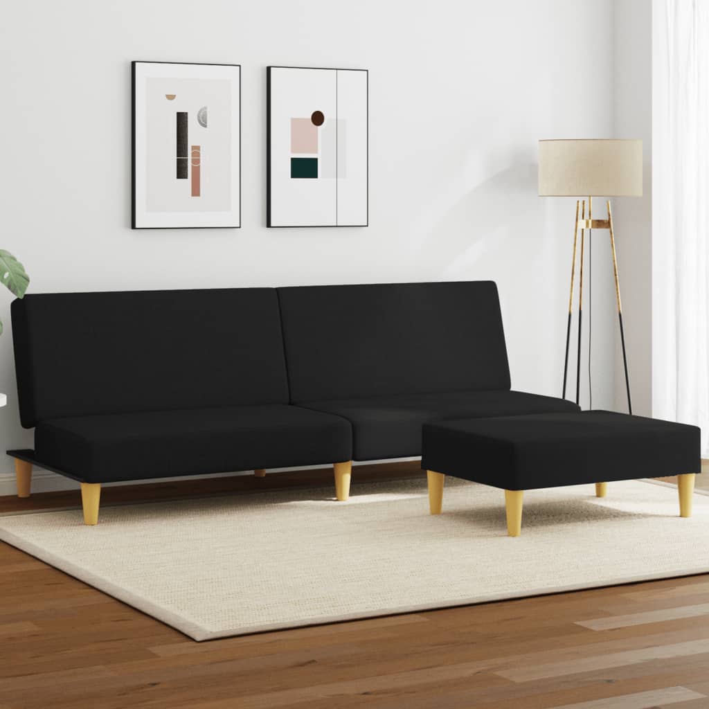 Sofá-cama de 2 lugares com apoio de pés tecido preto