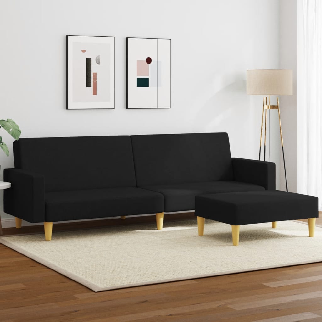 Sofá-cama de 2 lugares com apoio de pés tecido preto