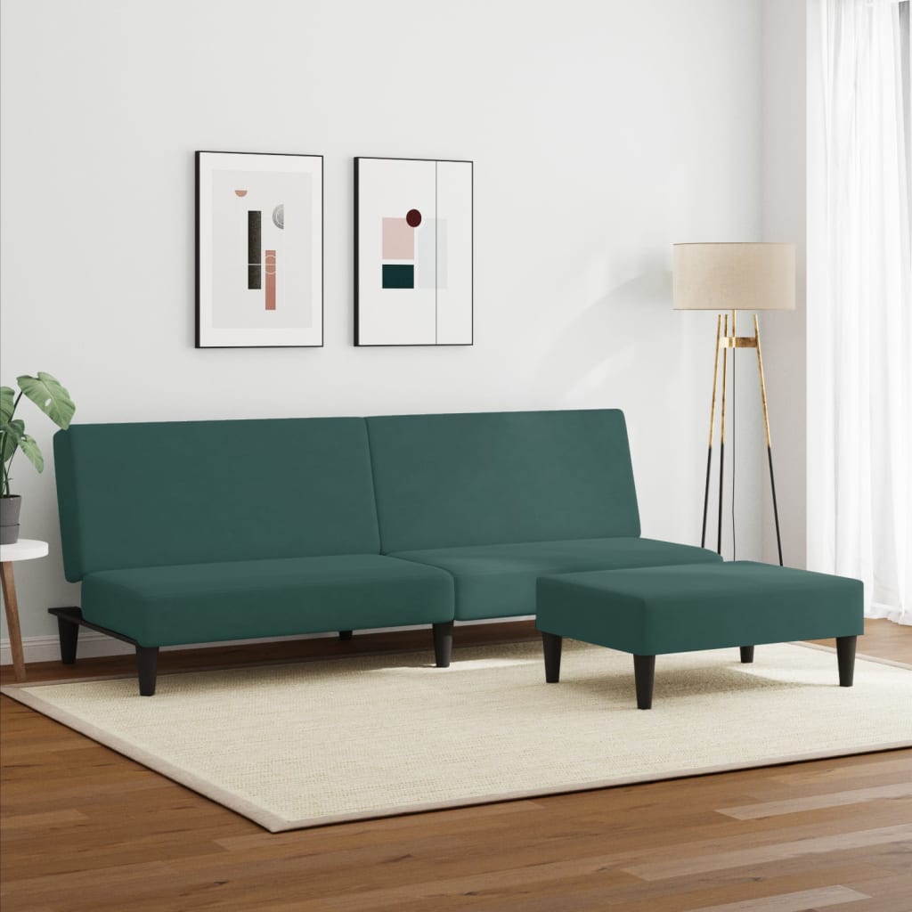 Sofá-cama 2 lugares c/ apoio de pés veludo verde-escuro
