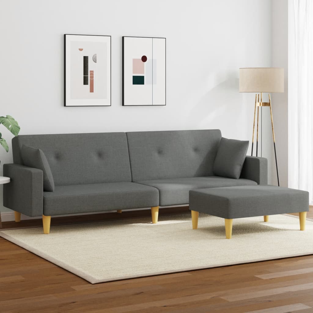 Sofá-cama de 2 lugares c/ apoio de pés tecido cinzento-escuro