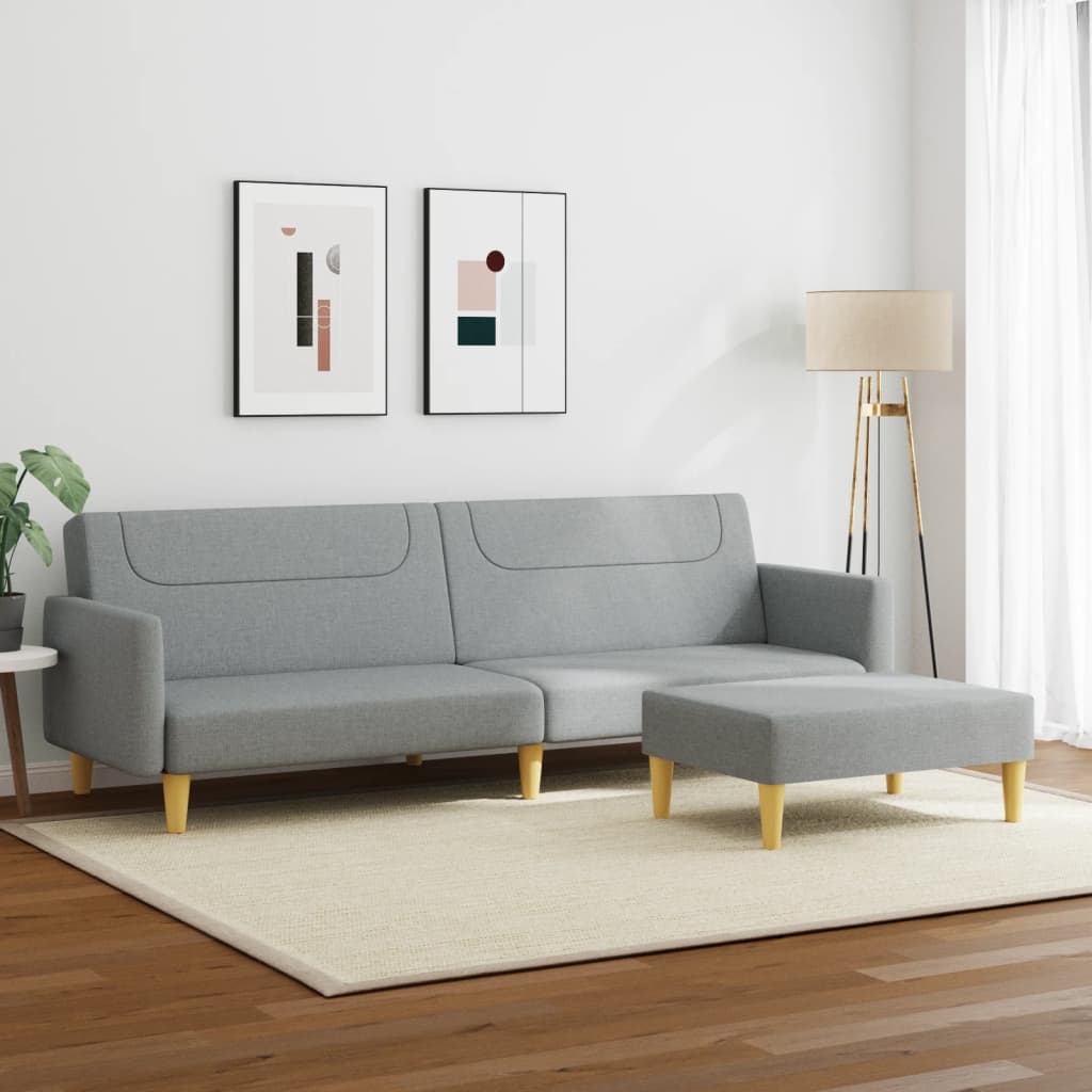 Sofá-cama de 2 lugares c/ apoio de pés tecido cinzento-claro
