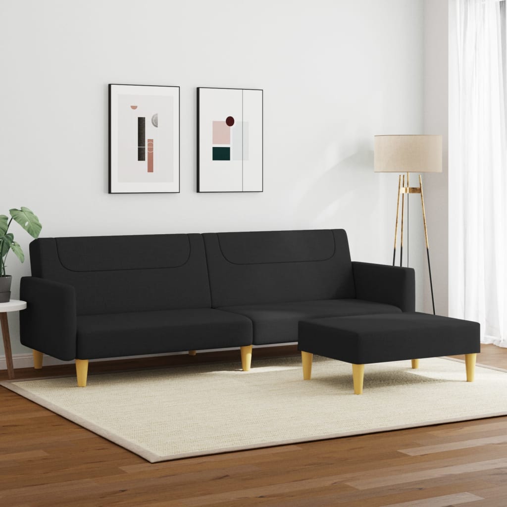 Sofá-cama de 2 lugares com apoio de pés tecido preto