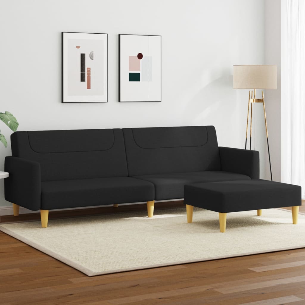Sofá-cama de 2 lugares com apoio de pés tecido preto