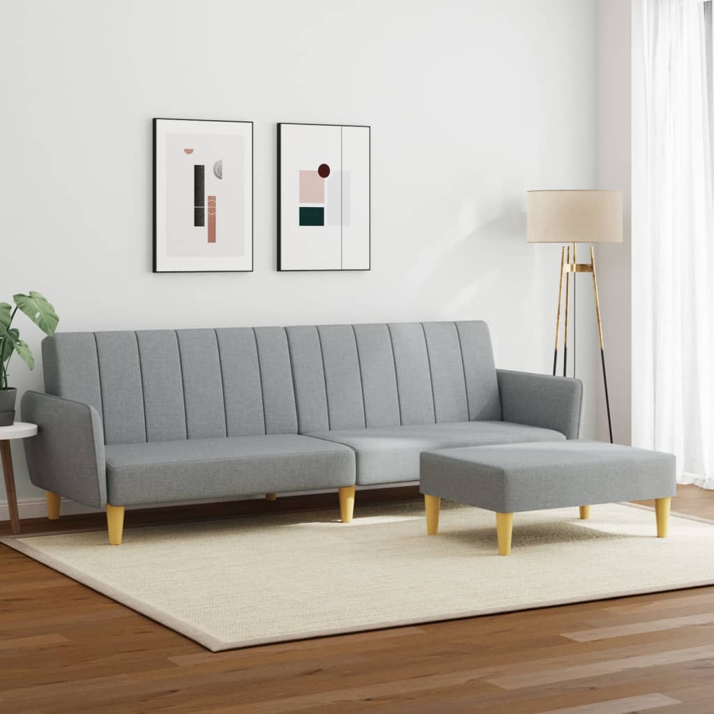 2-seater sofa bed with footrest in light grey fabric