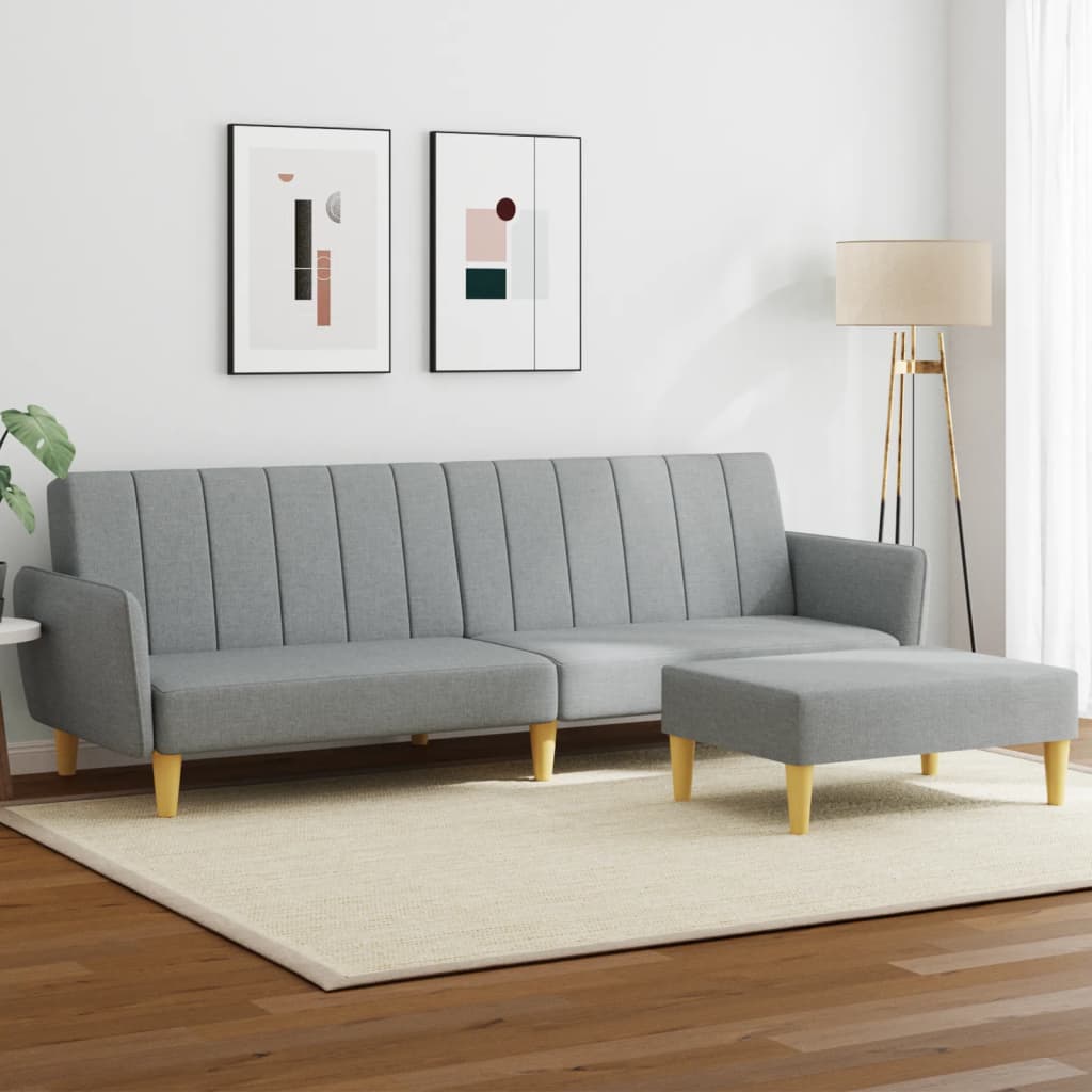 2-seater sofa bed with footrest in light grey fabric
