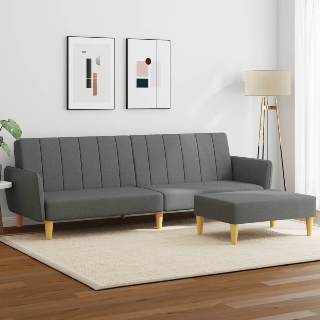 Sofá-cama de 2 lugares c/ apoio de pés tecido cinzento-escuro