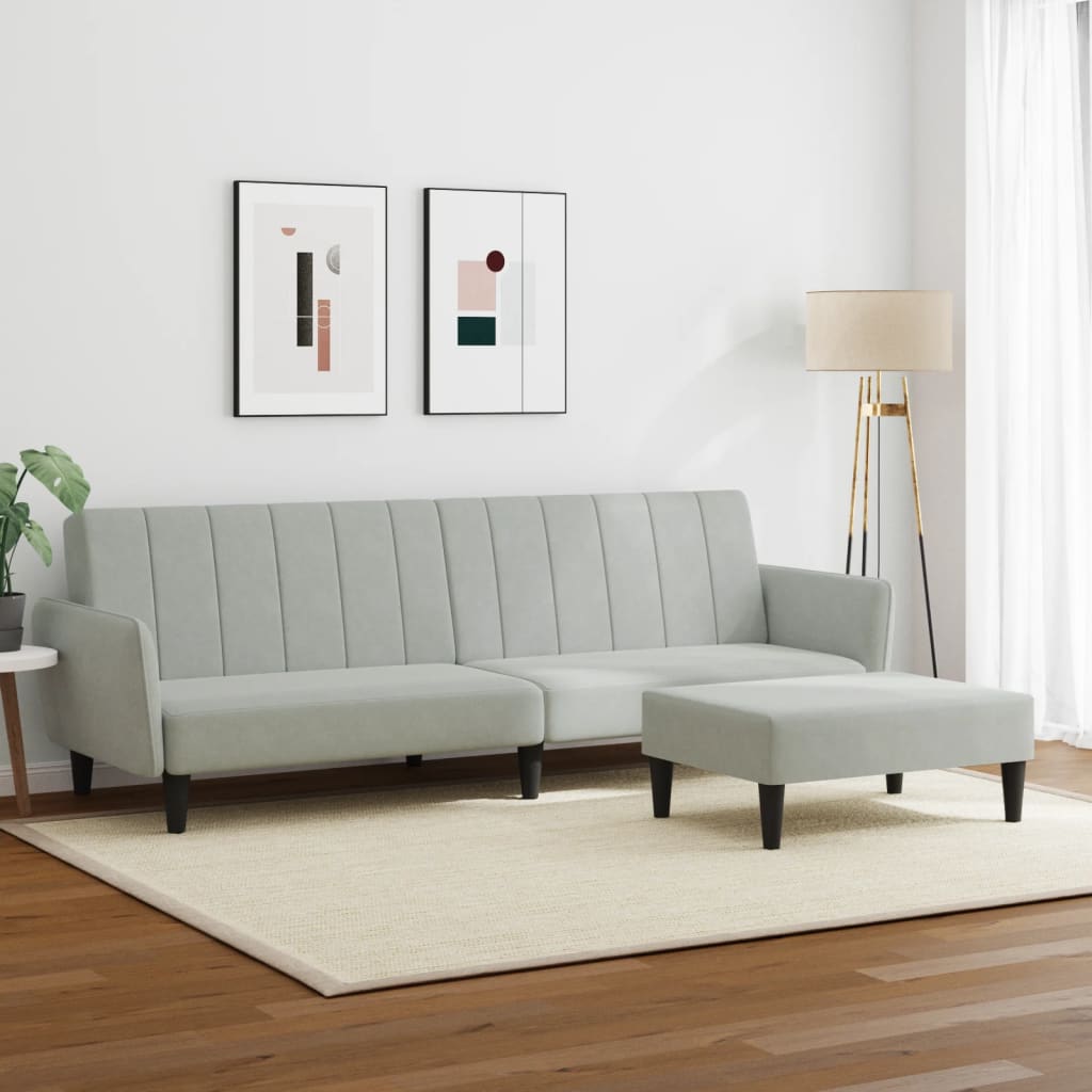 Sofá-cama 2 lugares c/ apoio de pés veludo cinza-claro