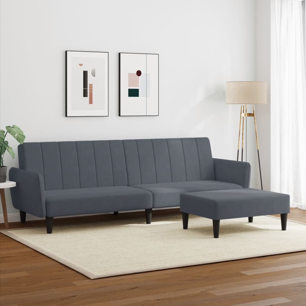 Sofá-cama 2 lugares c/ apoio de pés veludo cinzento-escuro