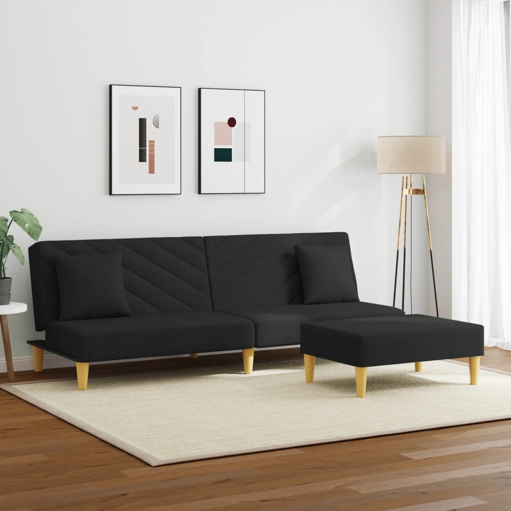 Sofá-cama 2 lugares c/ almofadas e apoio de pés tecido preto