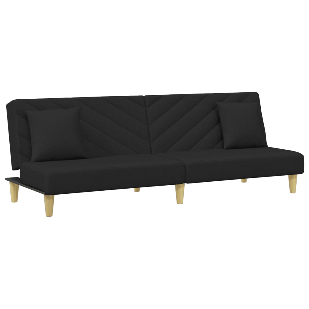 Sofá-cama 2 lugares c/ almofadas e apoio de pés tecido preto