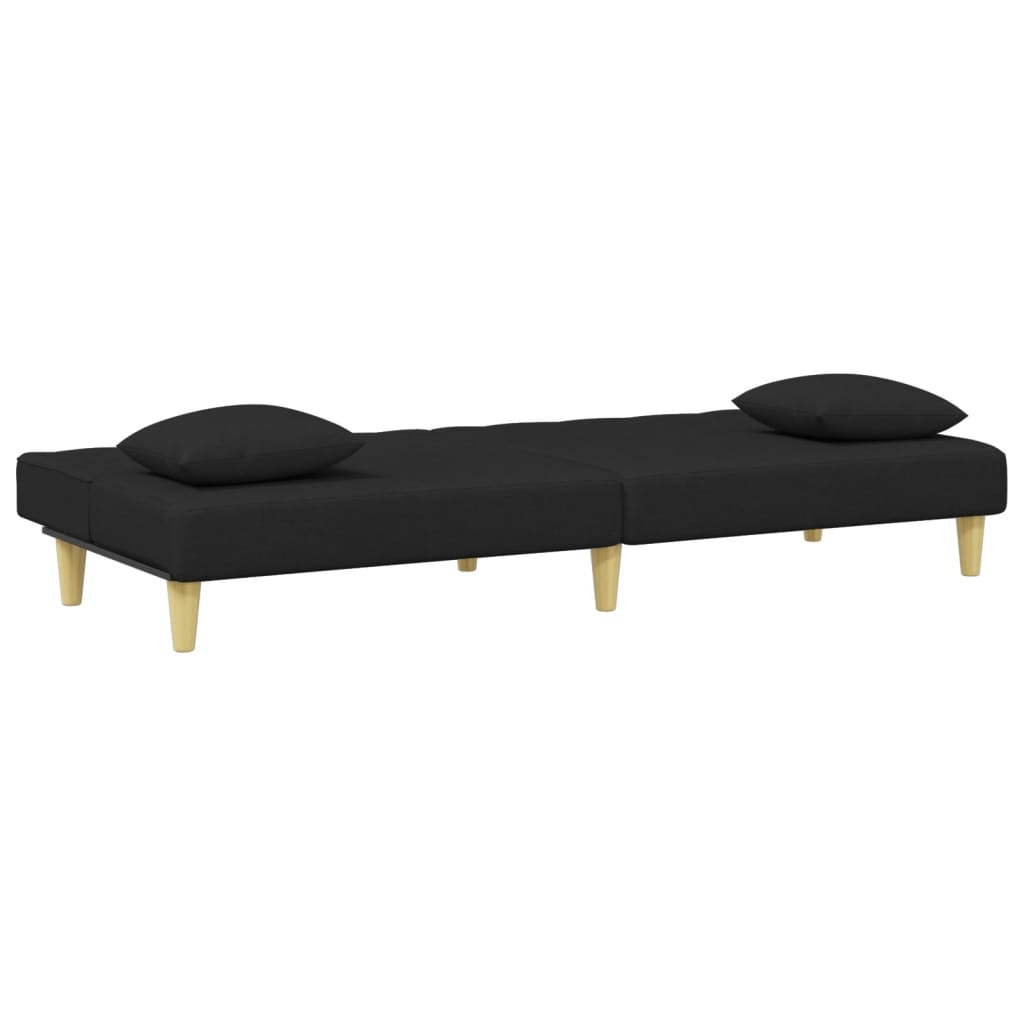 Sofá-cama 2 lugares c/ almofadas e apoio de pés tecido preto
