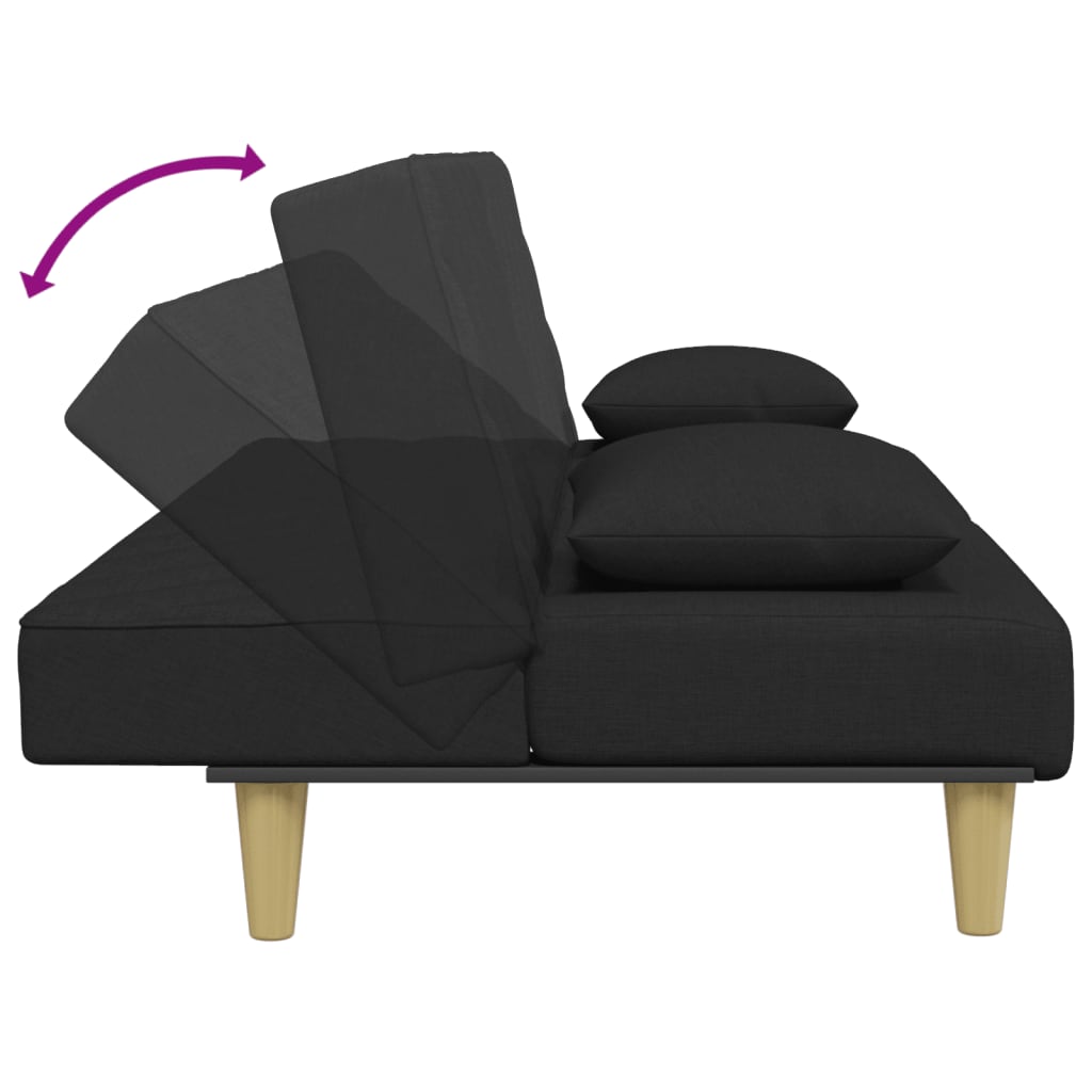 Sofá-cama 2 lugares c/ almofadas e apoio de pés tecido preto