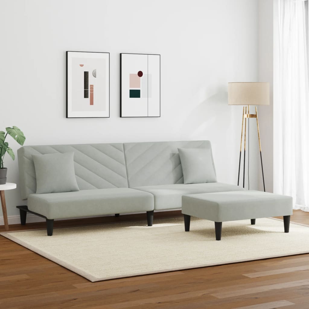 2 pcs conjunto de sofás com almofadas veludo cinzento-claro